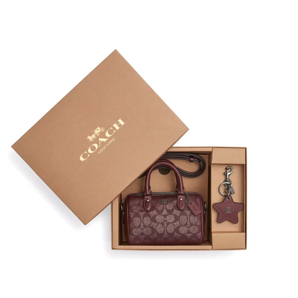 NWT COACH Boxed Mini Rowan Crossbody Bag & Mirror Bag Charm Set Signature Canvas
